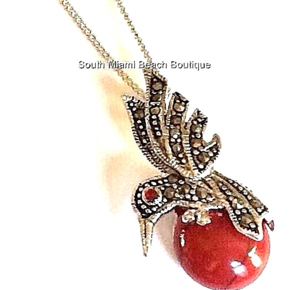 Hummingbird Necklace 19" Cubic Zirconia Marcasite Silver Rhodium Plated Red 19" - Picture 6 of 8